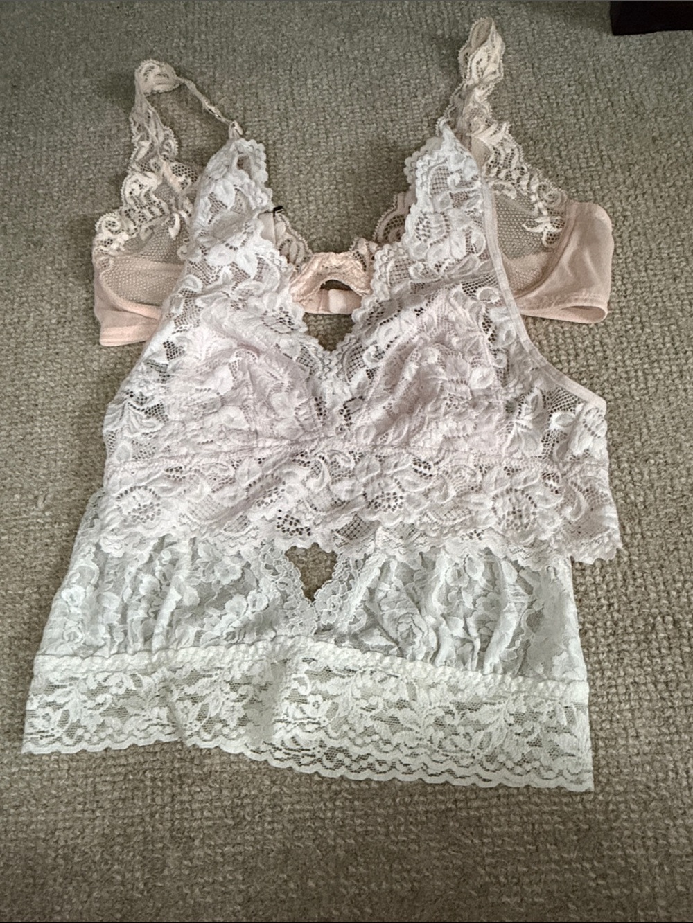 3 Lace Bras.   Medium in Pale Blush and white.